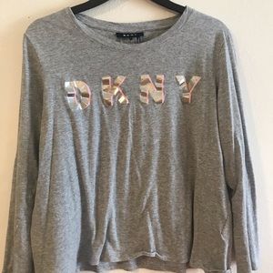 DKNY shirt tee long sleeve top grey/pink size L